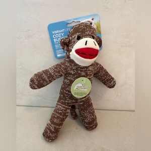 Vibrant Life Cozy Buddy BROWN SOCK MONKEY Squeaky Plush Dog Toy Chew Level #1